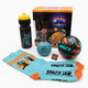 A Space Jam water bottle, toy, basketball, and socks.